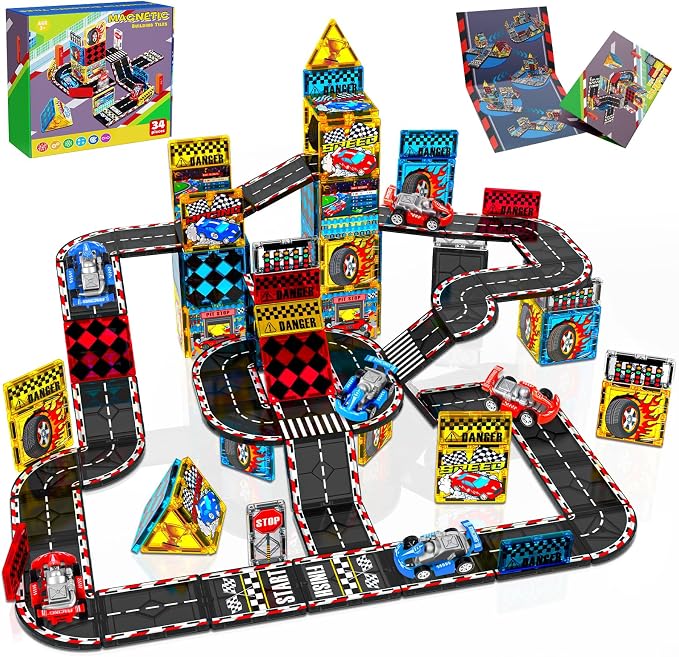 Magnetic Tiles Road Set | Magnet Tiles Race Track, Magnetic Car Racing Tile for Kids Ages 4-8 5-7, Magnetic Tile Rails Building Toys STEM Learning Sensory Birthday Gifts for 3+ Years Old Boys Girls