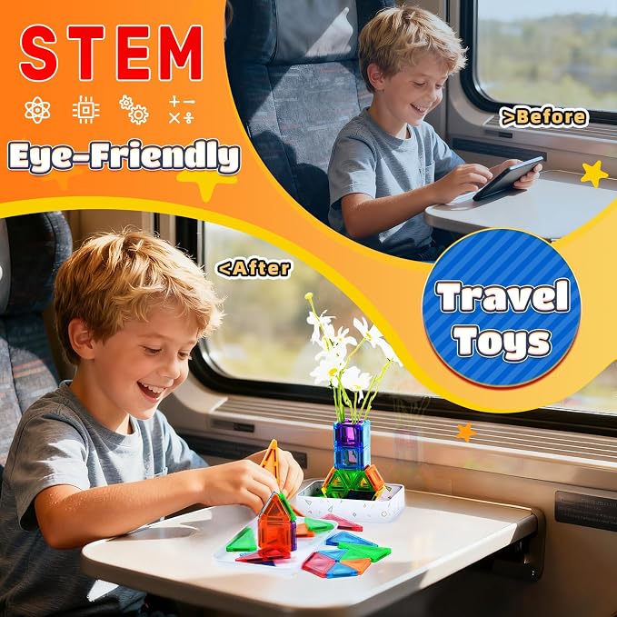 MAGBLOCK 48PCS Mini Magnetic Tiles with Storage Box for Kids 3+ | Travel Size Toys Magnetic Building Blocks Set, STEM Sensory Montessori Toys for Road Trip Essentials Airplane Car Activities