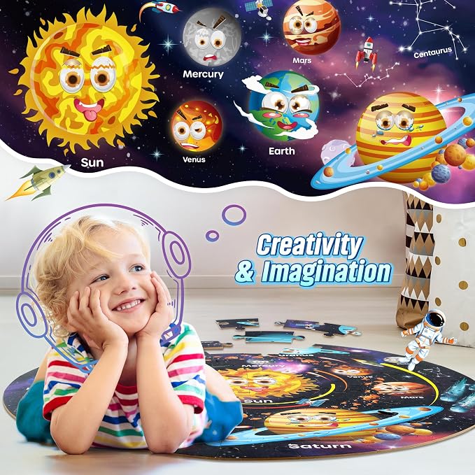 SYNARRY Large 70 Piece Solar System Floor Puzzle for Kids Ages 4-6 | Jigsaw Puzzle for Kids Ages 4-8, Space Planet Astronaut Toys, Educational STEM Learning, Screen-Free Play, Birthday Gifts