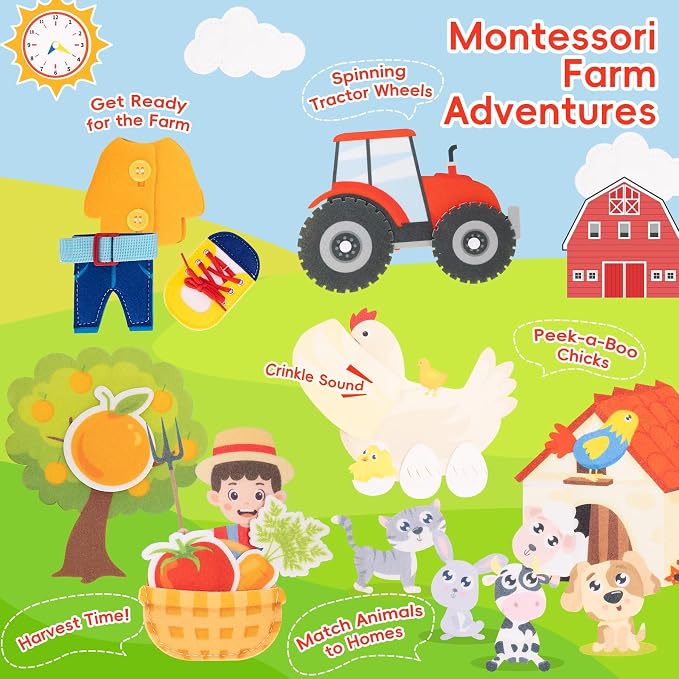 Busy Book for Toddlers - Montessori Sensory Toys for Boys & Girls Preschool Learning, 8-Page Felt Quiet Activity Board for Fine Motor Skills, Travel Toys for Airplane Car Games (Farm Animals)