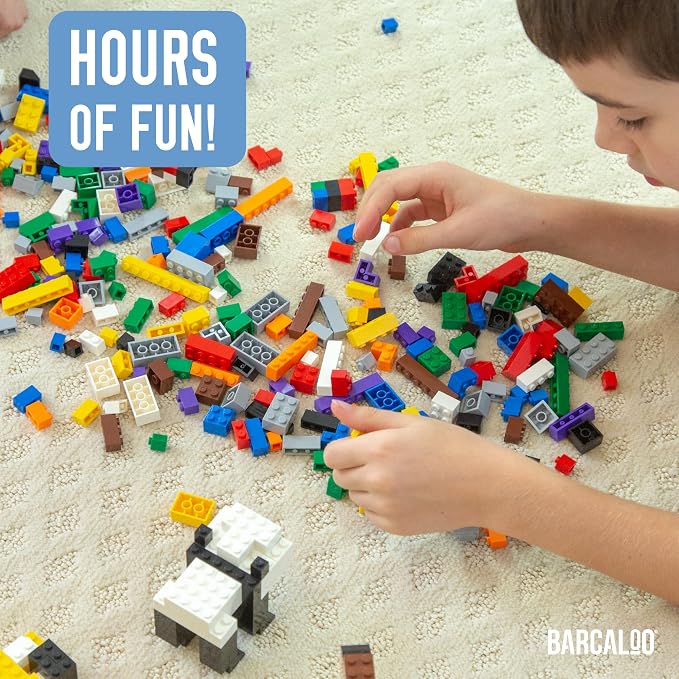 Barcaloo 1000 Piece Building Bricks Kit - Classic Colors, Axles Included | Includes Storage Bucket, Includes Wheels & Tires, Windows & Doors Pieces, Compatible with All Major Brands