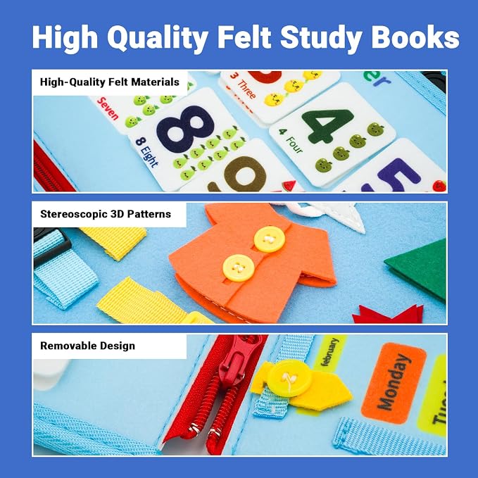 MEGRANATE Montessori Busy Board, Busy Book Educational Learning Toys for Kids Quiet Book Activity Books Fine Motor Skills Toys for 3+ Year Old Kids (Blue)