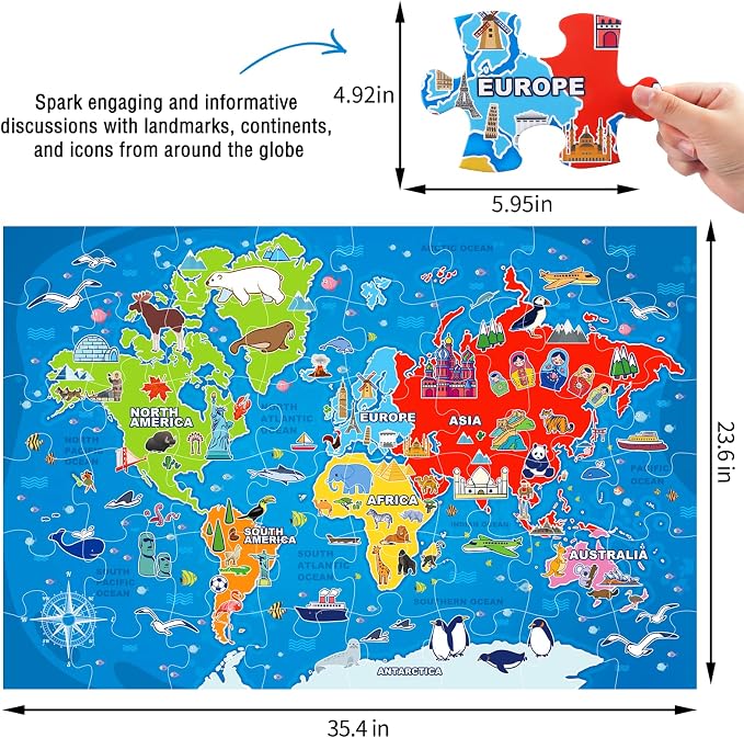Jumbo Floor Puzzle for Kids,48-Piece World Map Jigsaw Puzzle Ages 3-8 | Discover 7 Continents,Oceans,Animals and Landmarks;Extra-thick Cardboard,35x24 in Completed,Preschool Gift for Boys and Girls