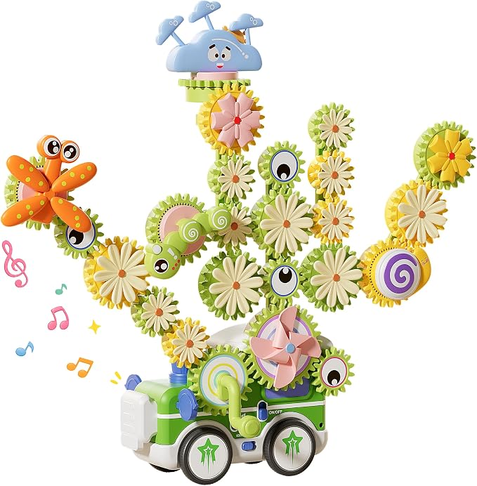 4 in 1 STEM Gear Toys for Kids Ages 3+, Educational Building Blocks, 61Pcs | Flower Construction Kits, Musical Electric Train Sets, Toddler Learning Toys with Light, Boys and Girls Gifts