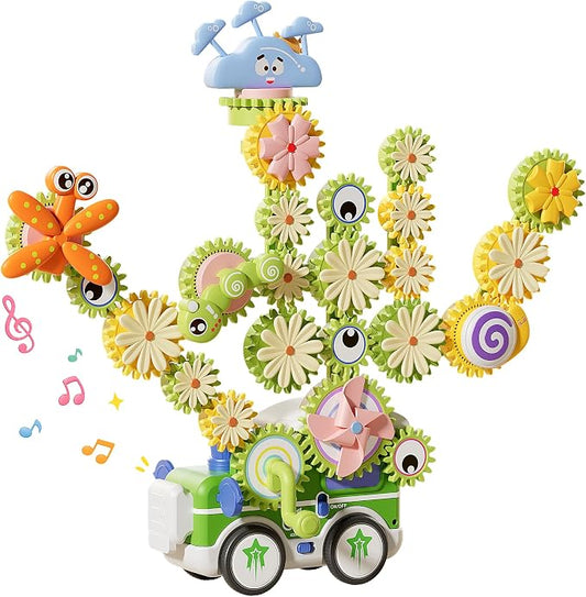 4 in 1 STEM Gear Toys for Kids Ages 3+, Educational Building Blocks, 61Pcs | Flower Construction Kits, Musical Electric Train Sets, Toddler Learning Toys with Light, Boys and Girls Gifts