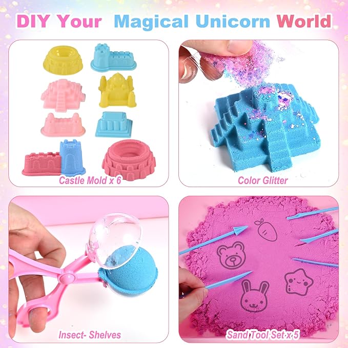 Faburo 48Pcs Unicorn Sensory Bin Sand Kit Toy for Toddler Girls 3 Unicorns | Unicorn Toys for Girls Age 4-6, 6 Castle Molds, 2.2Lbs Color Sand, Learning Toys Birthday Gift for Kids Age 3 4 5