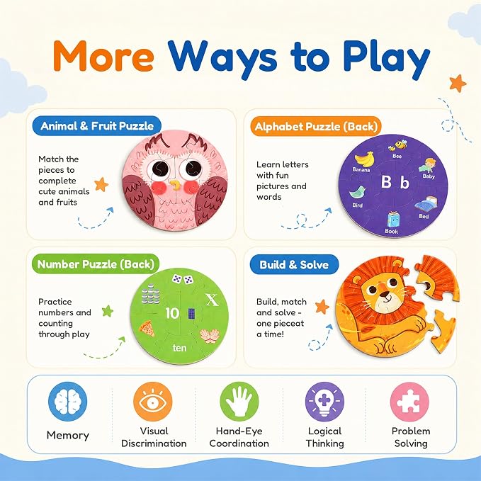 Round Matching Puzzle for Kids Ages 3+, Double Sided ABC Alphabet and Number Paper Jigsaw Game, Preschool Learning Toy for Focus