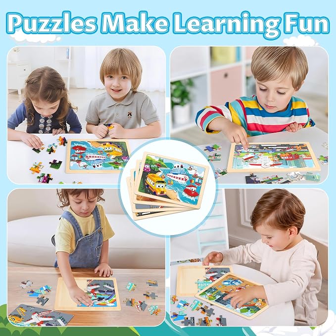 Wooden Puzzles for Kids Ages 3-5, 4 Packs Puzzles for Kids Ages 4-6,Vehicle | 24-Piece, Truck, Vehicle, Wood Jigsaw Puzzles for Toddlers 3-5,Preschool Educational Toys, Gifts for Children Ages 4-8 Boys