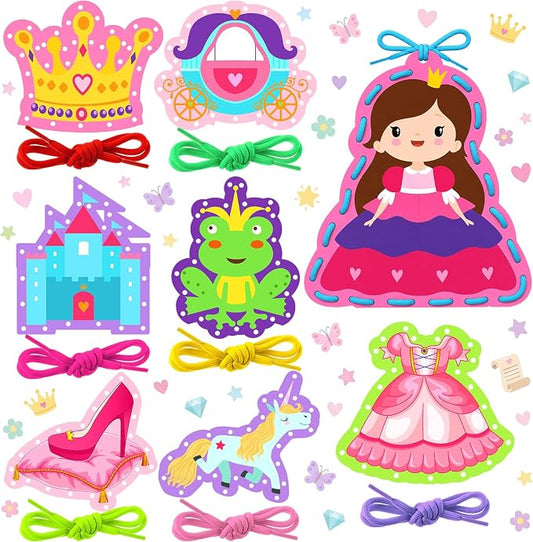 Zonon 8 Pcs Kids Lacing Cards Sewing Cards in 8 Patterns Princess Castle Sewing Kit Lacing Toy Game Favors for Preschool Developing Imagination Education Supplies Kids Children Toddler Ages