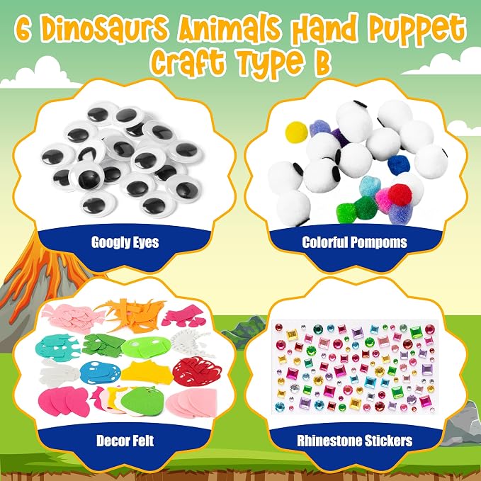 WATINC Hand Puppet Making Kit, Felt Sock Puppet Toys for Kids (Dinosaurs B) | 6 Styles, Make Your Own Storytelling & Role Play Crafts, Creative Group Activity, Party Favors & Gifts for Kids Ages 4-8