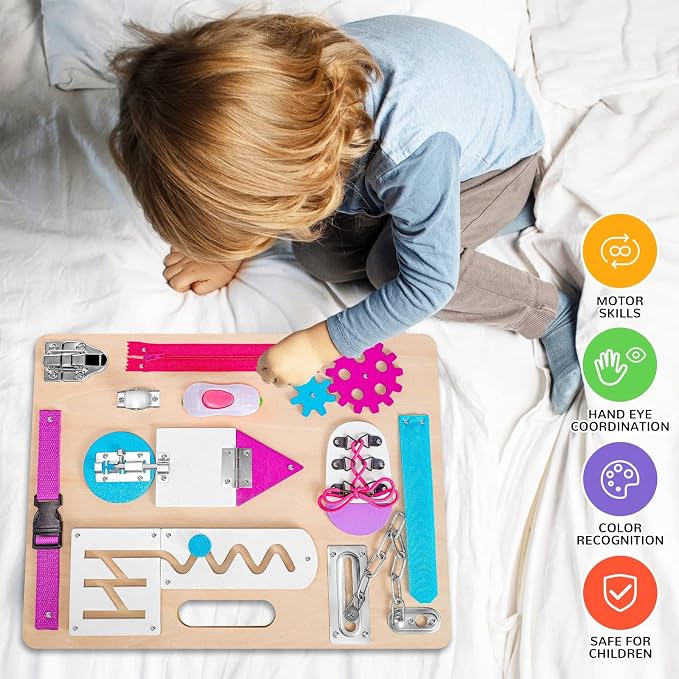 Toddlers Busy Board, Montessori Busy Board for Age 1, Wooden Sensory Toys | Preschool Learning Activities, Basic Life Skills, Fine Motor Skills, Educational Birthday Gifts for Kids Ages 1 2 3 4, Pink