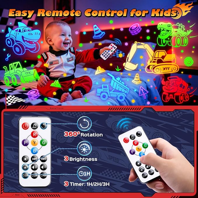 PIKOY Cars Toy Projector, 6 HD Films Kids Night Light, 15 Sounds Egg Light | 31 Colors, Remote Control, 360° Rotation, Car Toys for Toddlers 1-3 Boy Cars Toys for 3-5 Year Old Boy Birthday Gifts for 4-6