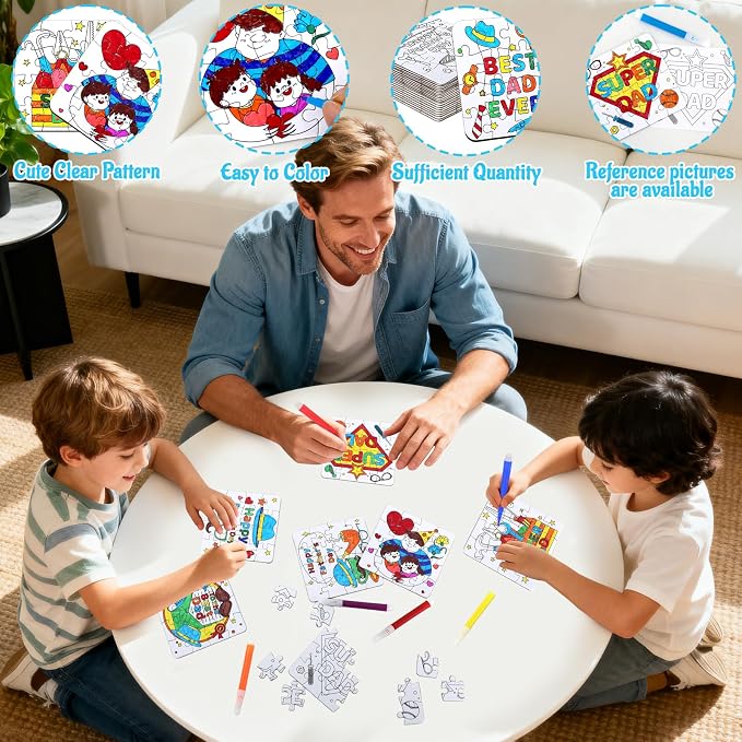 24 Set Fathers Day Crafts for Kids Toddlers Classroom Bulk, Father's Day Arts DIY Jigsaw Puzzle with Shirt Hat Tool, June Best Dad Activities for School Gifts Coloring Games Paper Toy projects