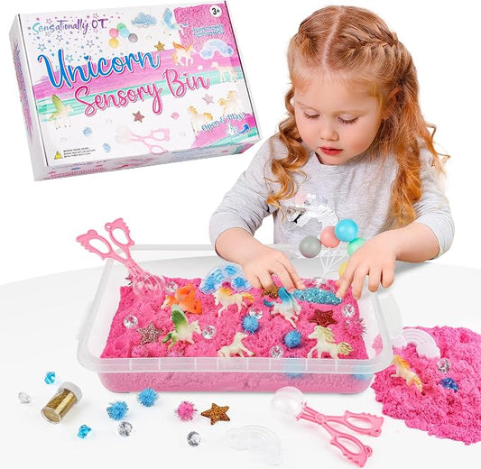 Unicorn Sensory Sand Bin-38 PCS Set with 2 lb Magic Sand, Sensory Bin for Toddlers & Scooper-Count Sparkly Pom-Poms, Bring Unicorns to Life - Ideal Gift for Kids | 38 piece toddler sensory bin kit with magic play sand, scoopers, and sparkly pom-poms. I...