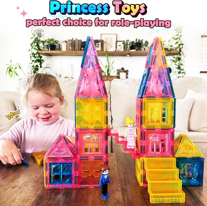 Magnetic Tiles 102pcs with 2 Stairs 2 Dolls Princess Castle Kids Ages 3-12