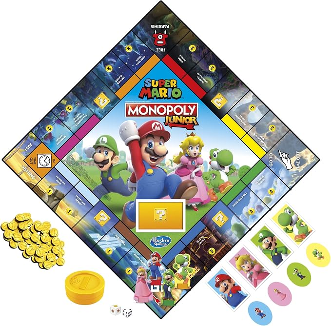 Monopoly Junior Super Mario Edition Board Game, Fun Kids' Ages 5 and Up, Explore The Mushroom Kingdom as Mario, Peach, Yoshi, or Luigi (Amazon Exclusive)