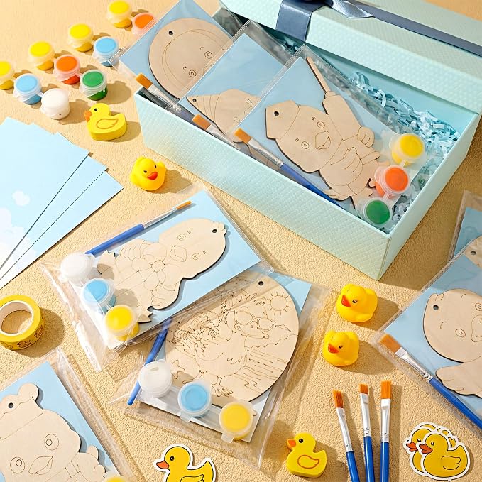 Saypacck 24 Pcs Duck Party Favors Wooden Paint Craft Kits | Duck Theme Crafts for Kids Birthday, Goodie Bag Fillers, Brush Paint Organza Bags Included,