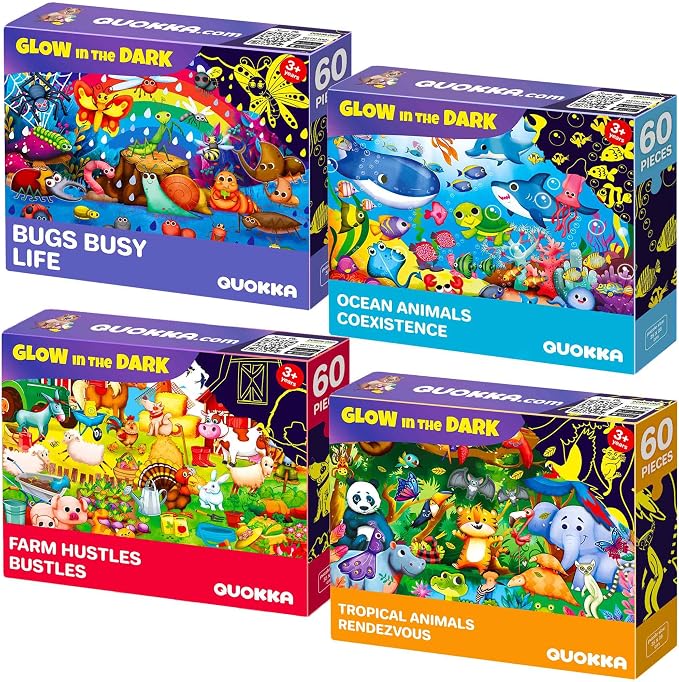 4 x 60 Piece Puzzles for Kids Ages 4-6 - Educational Kids Puzzles Ages 4-8 | Glow-in-the-Dark - Farm Bugs, Tropical and Ocean Animals - Toddler Puzzle - Learning Kids Games Ages 4-8 - Gift for Children