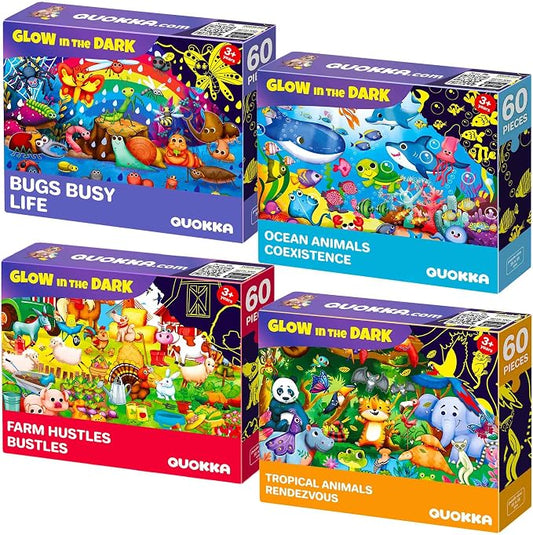4 x 60 Piece Puzzles for Kids Ages 4-6 - Educational Kids Puzzles Ages 4-8 | Glow-in-the-Dark - Farm Bugs, Tropical and Ocean Animals - Toddler Puzzle - Learning Kids Games Ages 4-8 - Gift for Children