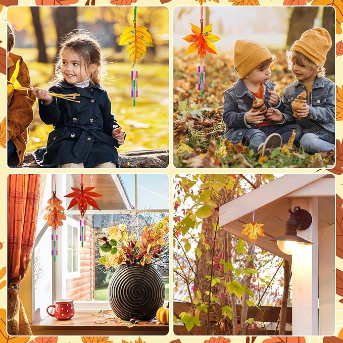 Sealmic Wooden Fall Wind Chime Kit Make Your Own Maple Leaf DIY Wind Chime Kit Coloring Fall Craft for Hanging Ornaments Thanksgiving Autumn Halloween Party Craft 9 Pack