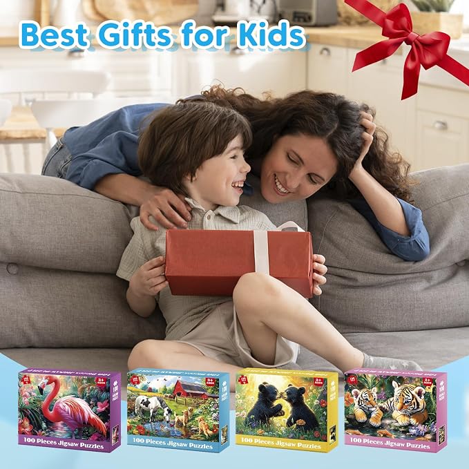 4-Pack 100 Piece Puzzles for Kids Ages 4-6 6-8 Year Old | Tigers Bears Farm Flamingos, Jigsaw Puzzles for Kids Ages 8-10, Learning Educational Children Puzzles 5-8 for Boys and Girls