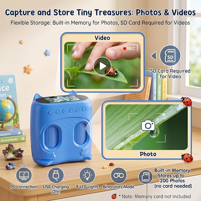 2-in-1 Kids Microscope and Telescope, 1000X Handheld Digital Microscope for Kids, 2.0" Screen, 8 LEDs, 10X Pocket Telescope for Outdoor, 1080P Camera STEM Toys Gifts for Boys Girls 4-12, Blue