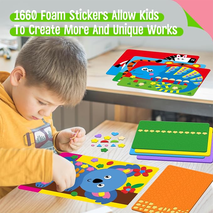 SpriteGru Foam Sticker Art Activity, 20 Wild Animal Art Boards with 1660 Foam Stickers in 10 Colors, Funny DIY Activity Creative Craft Kits Travel Game for Kids, Boys & Girls