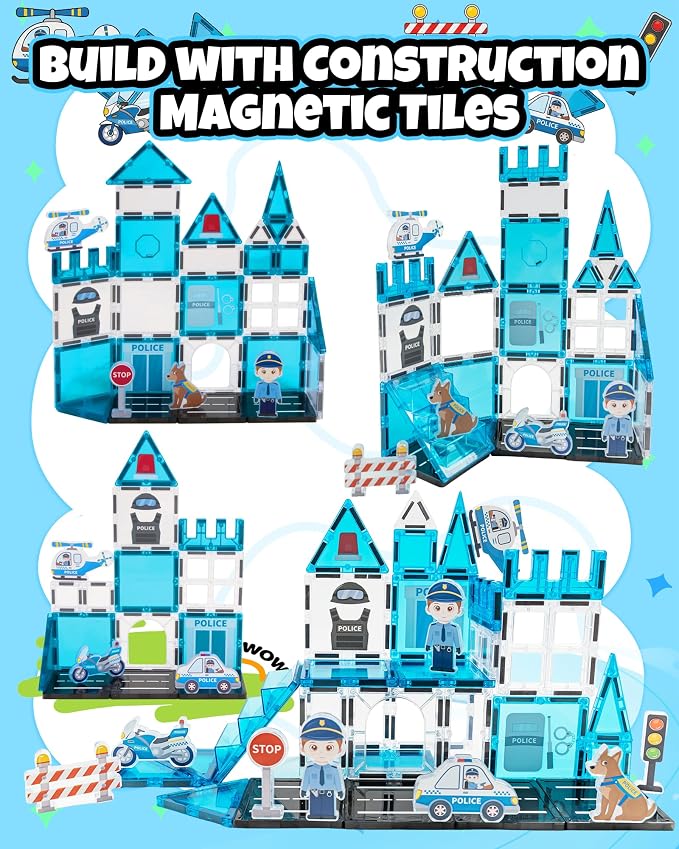 Large Magnetic Tiles for Kids, STEM Toys Building Set, Age 3+,42 Piece | Police Magnetic Tiles Building Blocks with City Scene Pieces, Police Officer Elements, Ideal Gift for Boys and Girls