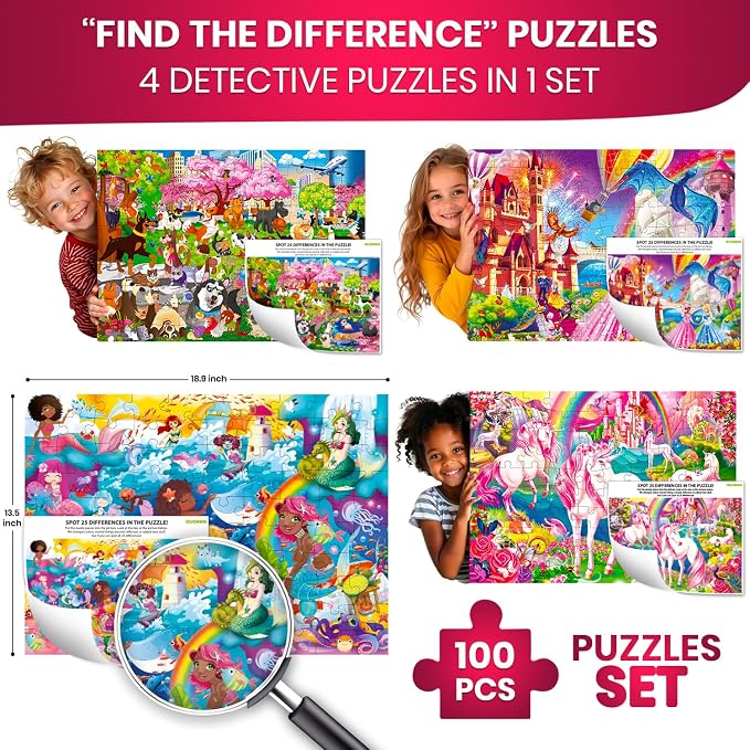 100 Piece Puzzles for Kids Ages 6-8 - 4 Jigsaw Kids Puzzles Ages 4-6 | Search and Find Unicorn Princess Mermaid Toys - Kids Puzzles Ages 8-10 - Educational Game Gift for Boys and Girls