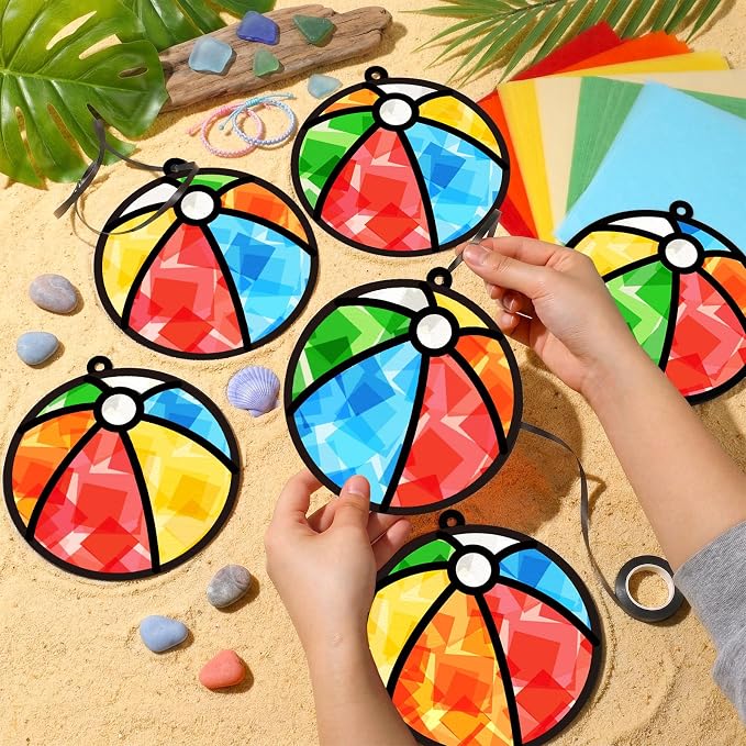 Qyeahkj 36 Set Beach Balls Suncatchers Craft for DIY Summer Party Paper Craft Kit Game Beach Balls Stained Glass Window Ornaments Decoration for Home Art Project Party Favor Gift