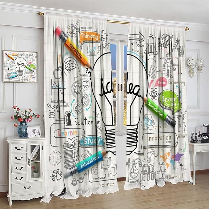 Science Symbols Kids Curtain Sketches Cartoon Chemistry Physics Geometry Education Pattern Print Window Drapes for Bedroom Living Room Kitchen Decor,2 Panel Set,63x63 Inch Blackout