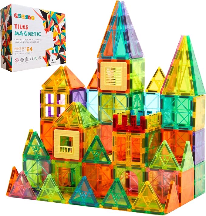 OugerToy 64 PCS Magnetic Building Tiles for Kids Ages 3-9 | Educational Magnetic Stacking Blocks for Boys Girls, Magnets Construction Toys,Stem Preschool Kindergarten Learning Toys