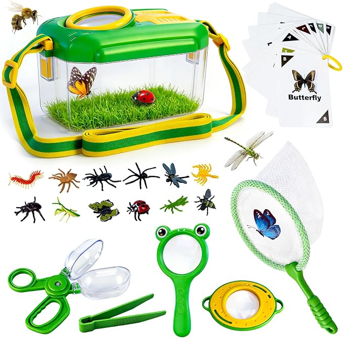 YongnKids 28 Pcs Bug Catcher for Kids with Butterfly Net for Kid Age 3 4-8 | Bug Catching Kit Outdoor Explorer Kit with Magnifying Glass Insect Catcher Tweezers, Insects & Insect Cognition Cards