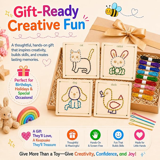 Montessori Wooden Lacing Toys for Toddlers and Kids Ages 2-4 5-7, Sewing Kit Fine Motor Skill Busy Board, Education Sensory Preschool Toy for 1 2 3 4 Year Olds, Birthday Gift for Boys and Girls