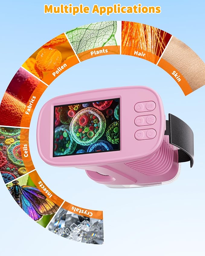 1000X Kids Handheld Microscope, 4K Digital Mini Pocket Digital Microscope with 2.4" IPS Screen, Built-in Camera & 12 Prepared Slides, STEM Educational Toy, Birthday Gift for Boys & Girls Ages 3–12