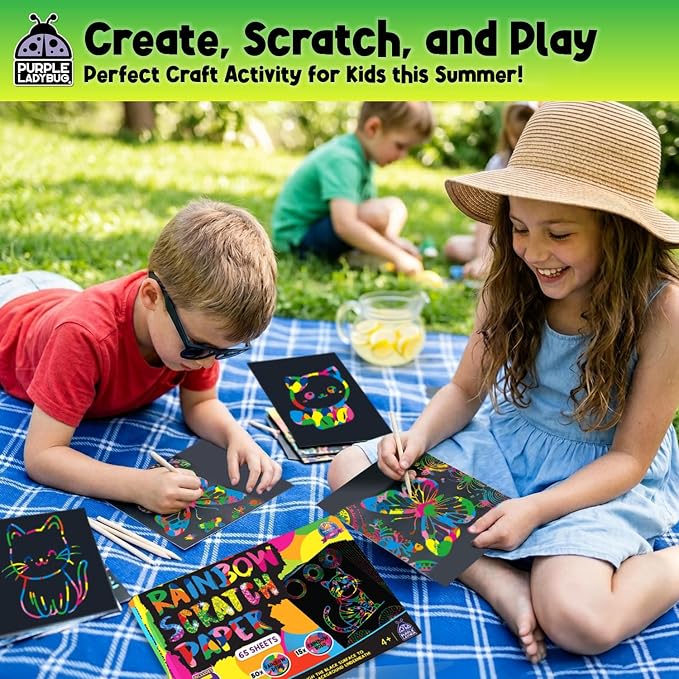 Rainbow Scratch Art Kit with Stencils, 79 Pc Craft Kit Ages 4-8 | Creative Drawing Paper & Stencils, Arts and Crafts for Ages 4-12, Summer Activities for Kids, Travel & Birthday Activities