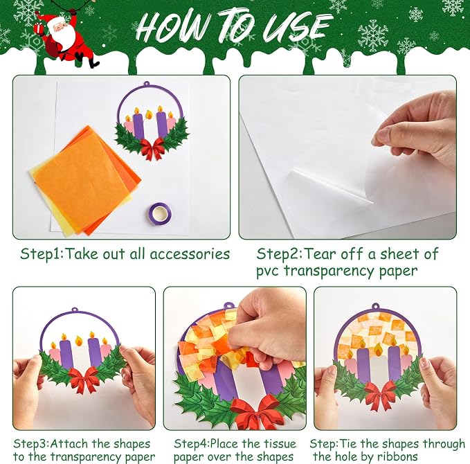 Qyeahkj 36 Set Christmas Advent Wreath Suncatchers Crafts for DIY Advent Candle Tissue Paper Craft Kit Hanging Decor for Xmas Holiday Home Activity Art Project Birthday Party Favor Gift