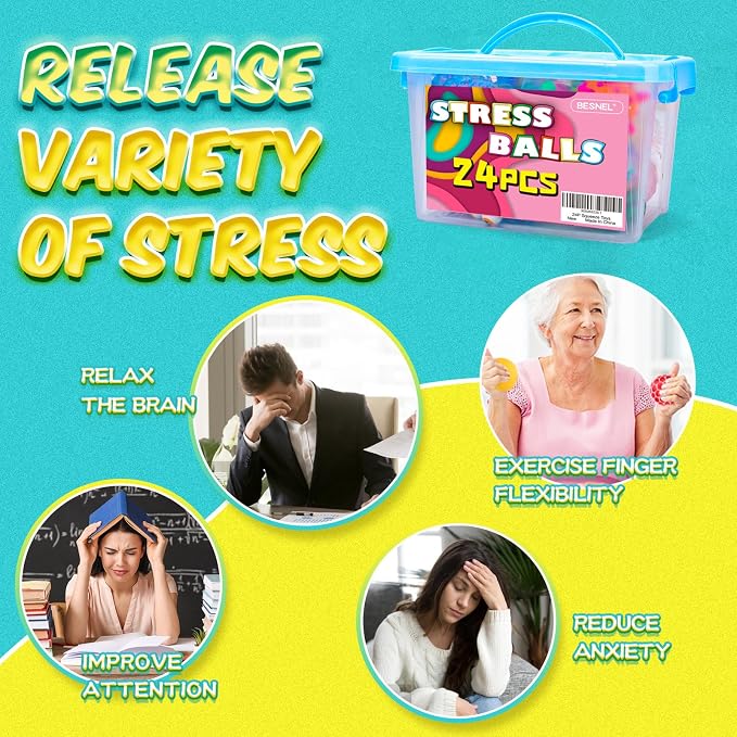 24 Pack Stress Balls, Squishy Balls, Squeeze Balls for Adults | Stress Relief Balls, Prize Box Stuffers, Party Favors