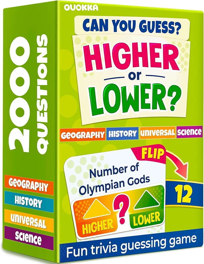 QUOKKA Trivia Board Games for Kids and Adults – 4xSET Family Board Games for Game Night – Higher or Lower Trivia Cards for Kids 8-12 - Challenge History, Science, Geography & More for Families & Teens