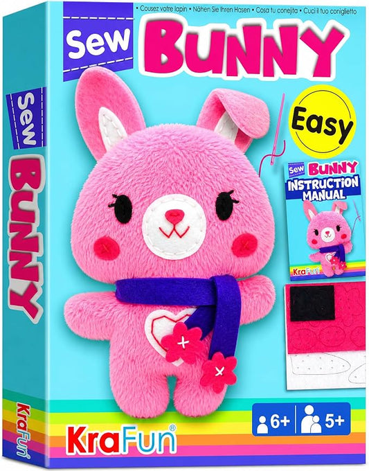 KRAFUN Bunny Sewing Kit for Kids Ages 8-12 - No Scissors No Glue | Pre-cut & pre-punched felt. Child-safe needle included. Sew your own plush bunny. Beginner craft gift for girls & boys