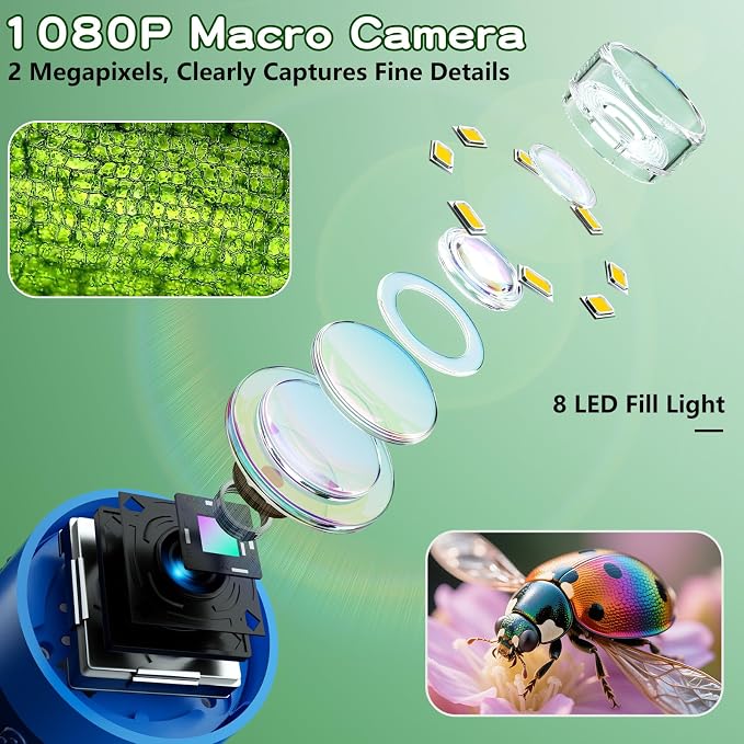 Odatay 1000X Digital Kids Microscope Kit with 12 Slides & 2" Screen, Blue | 1080P Imaging, Fit Ages 3-12, Standalone Pocket Science Edu Toys Gifts, Outdoor Backyard Bugs Exploring, Anti-drop Lanyard