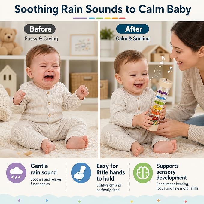 Oneshow Rain Sticks for Kids, Wooden Montessori Toys for Baby 12+ Months | Rainmaker, Rain Stick Baby Rattle Sensory Development Toys with Calming Rain Sounds Gifts for 1-3 Year Old Toddler 7.7"& 3.7"