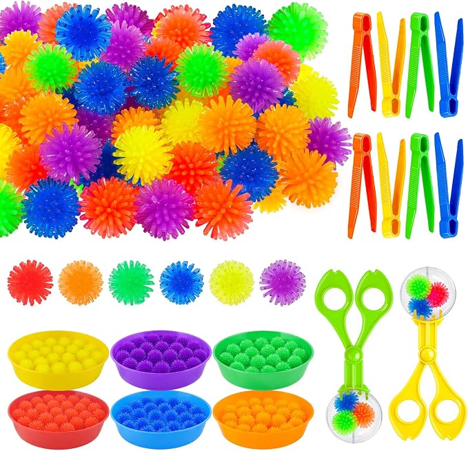 Bbiamsleep 136 Pcs Sensory Bin Filler Fine Motor Skills Sensory Bin Items | Light Box Manipulatives Include Colorful Hedge Balls Tweezers Scissors Clips Sorting Bowls for Counting Sorting Training