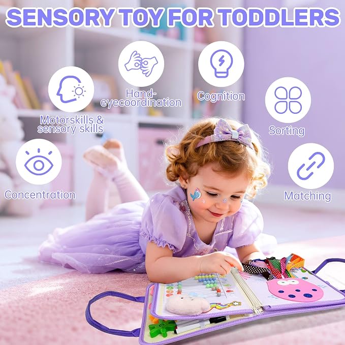 Aurasys Toddler Busy Board Montessori Toys for Girls Birthday Gift | Sensory Busy Book Educational Learning Activity Board for Toddler Girls, Travel Activities Toys for Airplane Car