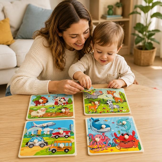 Wooden Peg Puzzle Set for Toddlers, 4 Pack Animal Vehicle Ocean Farm Puzzles, Montessori Wooden Puzzles for Ages 2-4, Preschool Learning Toys for Fine Motor Skills, Gifts for Boys Girls 1 2 3 4
