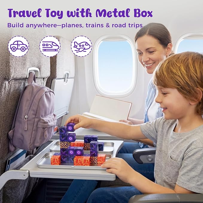 3 otters 32PCS Magnetic Blocks, with a Storage Box, Portal | Pocket-Sized, Travel Magnet Cubes, STEM Toy for Toddler, Car Trips, Airplane Travel, Preschool Learning