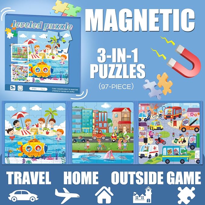 Magnetic Puzzles for Toddlers 3-5 Toddler Puzzle Travel Toys （Traffic） | Jigsaw Puzzles for Kids 97-Pieces Travel Toys Transportation Puzzles Ages 4-6 Road Car Trip & Airplane Activity