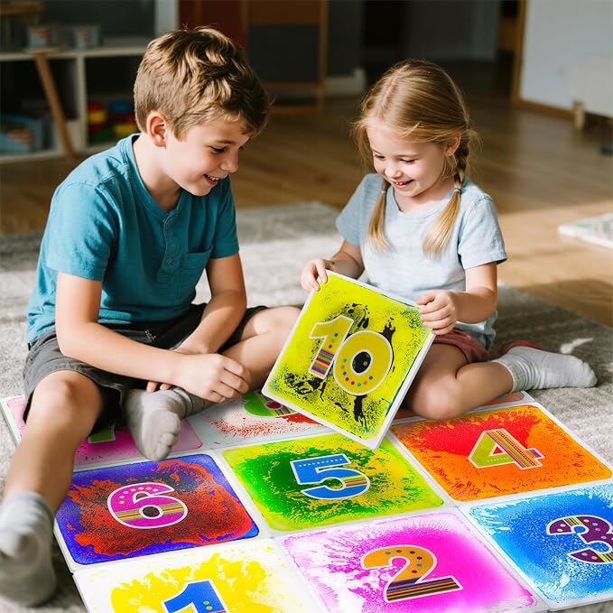 Sensory Floor Tiles for Preschool: 12" Liquid Number Mats, 10 Pack | Interactive Learning Tiles for Counting, Number Recognition, Visual Tracking, Stepping Games, and Classroom Activities