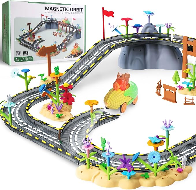 SKTMYY 153PCS Magnetic Tiles Road Set with Toy Car & Flowers Building Toy, Magnet Tiles for Kids, Magnetic Building Blocks, STEM Toy Gift for Boys and Girls, Garden Track Themed