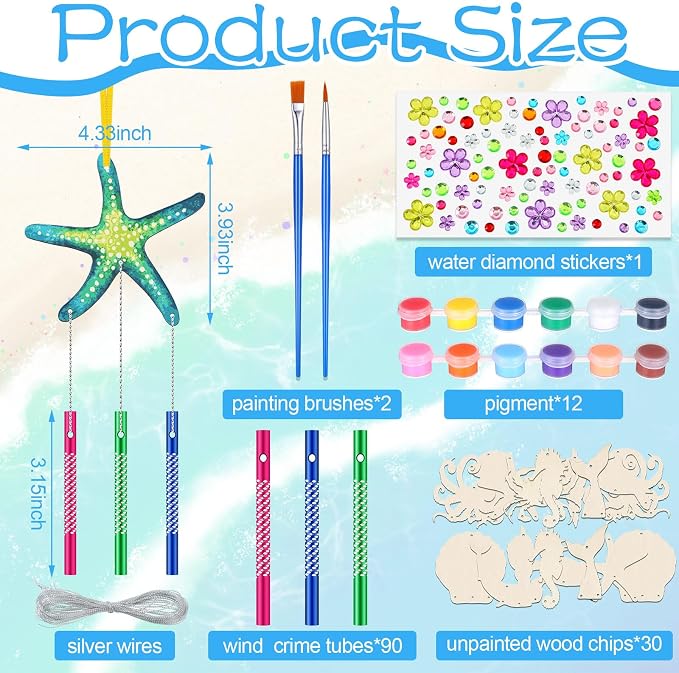 JellyArch 30 Pack Ocean Wind Chime Crafts, Sea Animals Beach DIY Wooden | Perfect for Kids Party Activities, Includes Sea Creature Designs with Shells Whale Turtle, Summer Home Decor